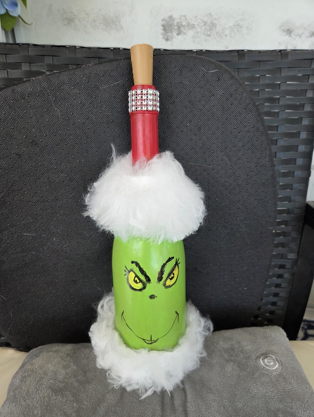 Hand-Painted Green Grinch Bottle Accent with White Faux Fur With Lights